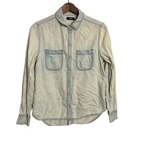 BDG Long Sleeve Faded Cotton Bleached Wash Chambray Button-up Shirt Blue Small